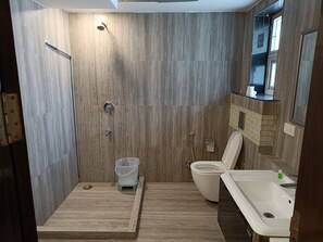 Shower, jetted bath, hair dryer, towels