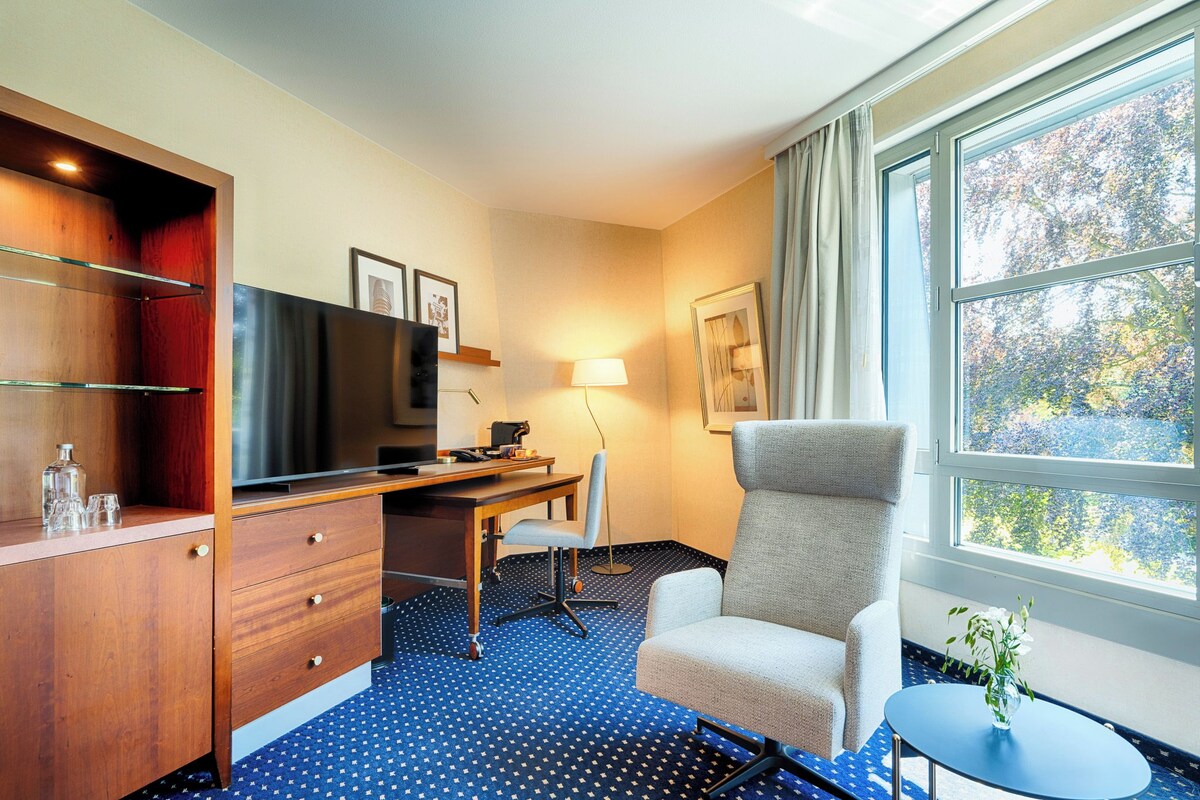 Habitación de hotel con escritorio de madera, televisor, silla, lámpara y ventana con vista a árboles.