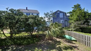 A residential area with two houses, a wooden fence, and a palm tree.