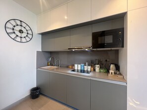 Fridge, microwave, oven, electric kettle