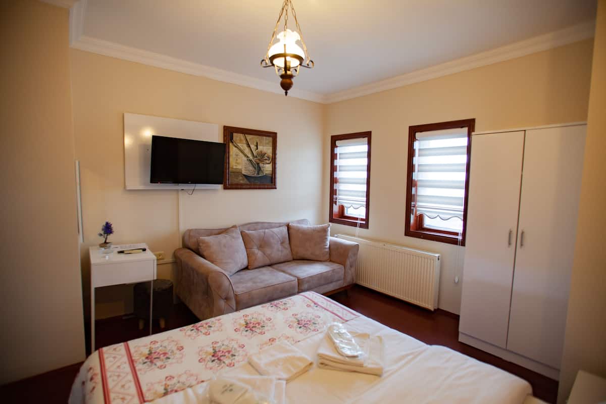 A bedroom with a bed, a sofa, a TV, and a wardrobe.