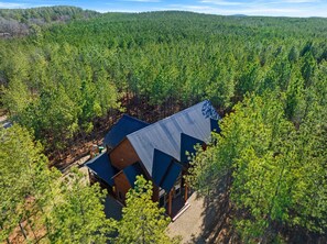Ein modernes Häuschen, umgeben von dichtem Wald.