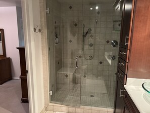 Hair dryer, towels, soap, shampoo