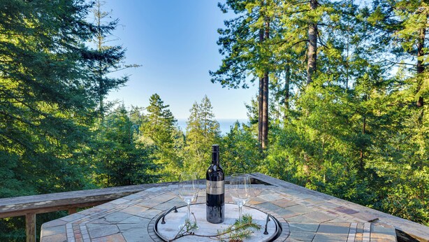 Un espace extérieur aménagé avec un sol en pierre, comprenant une table, une bouteille de vin et des verres, le tout entouré d’une forêt.