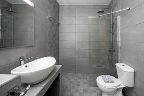 Shower, free toiletries, hair dryer, towels