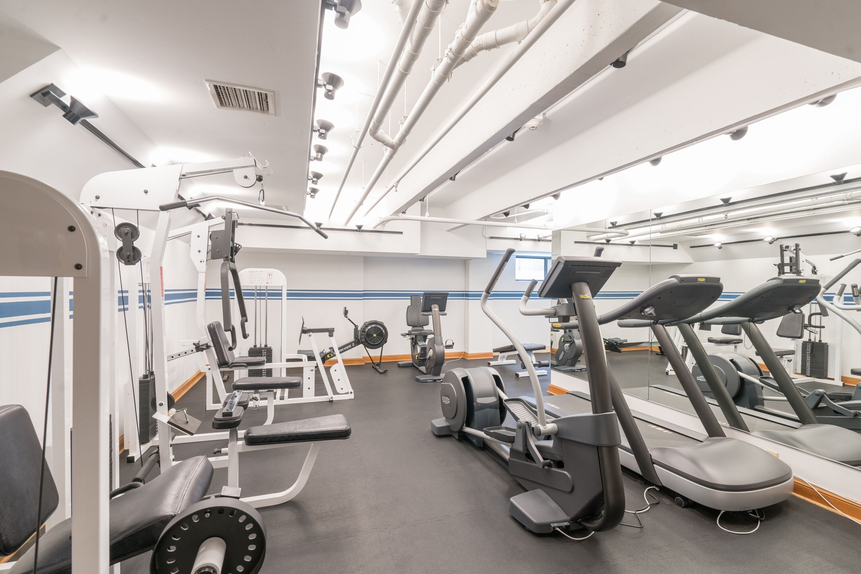 A gym with various exercise equipment including treadmills, weight machines, and free weights.