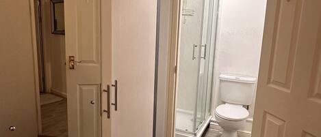 Et badeværelse med toilet, brusebad og glasvæg omkring bruseren.