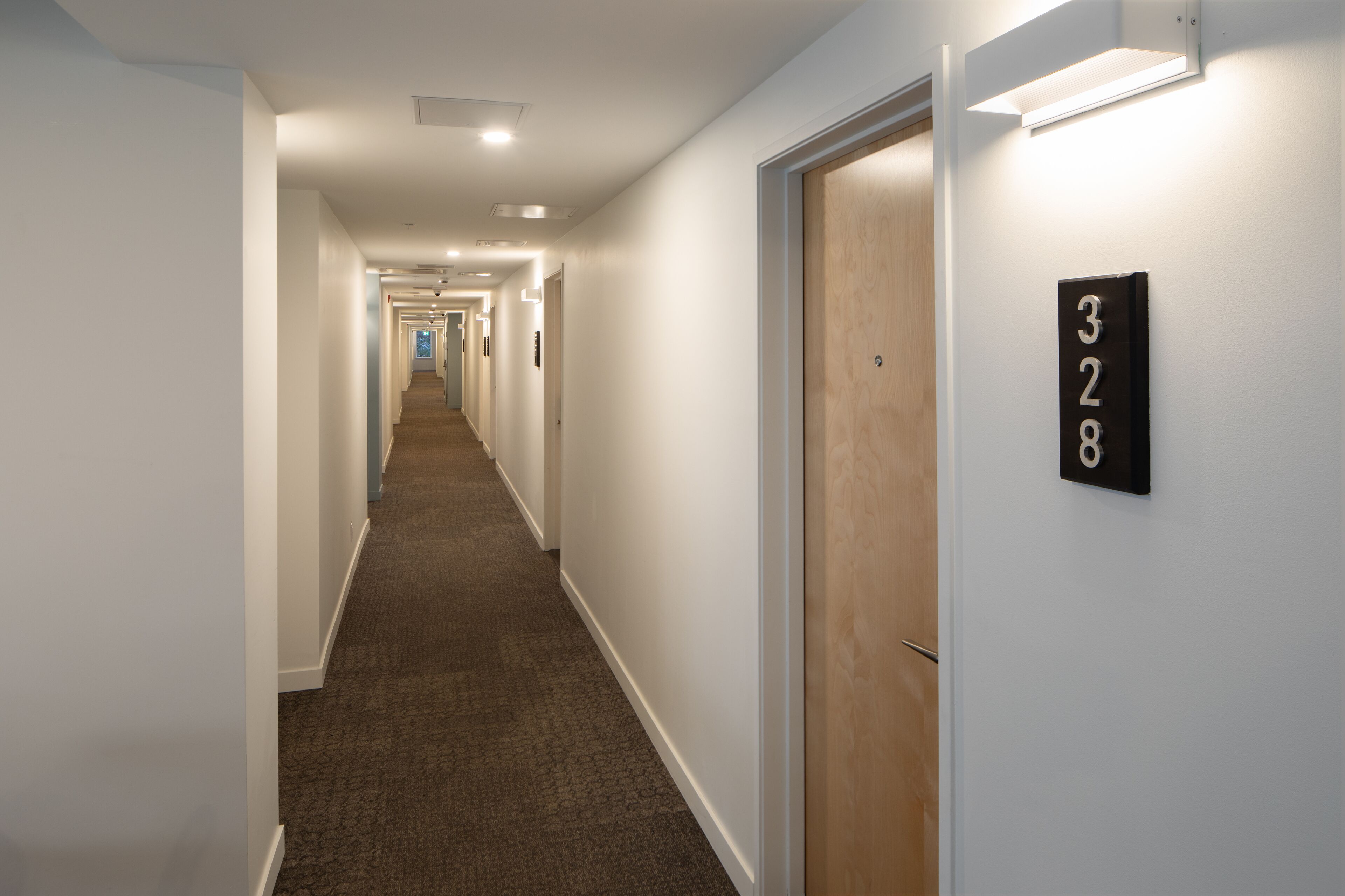 A hallway with a carpeted floor, white walls, and a door with a number plate.