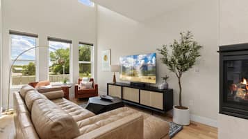 Televisor intel·ligent, llar de foc, llibres i oficines