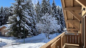 A wooden deck with a view of snow-covered trees and a clear sky.