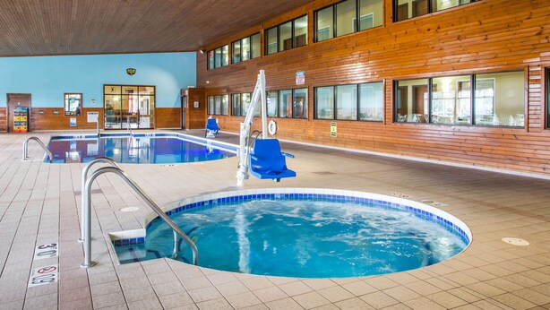 Una piscina interior con dos zonas diferenciadas, paredes de madera y una vista despejada al área de la piscina.