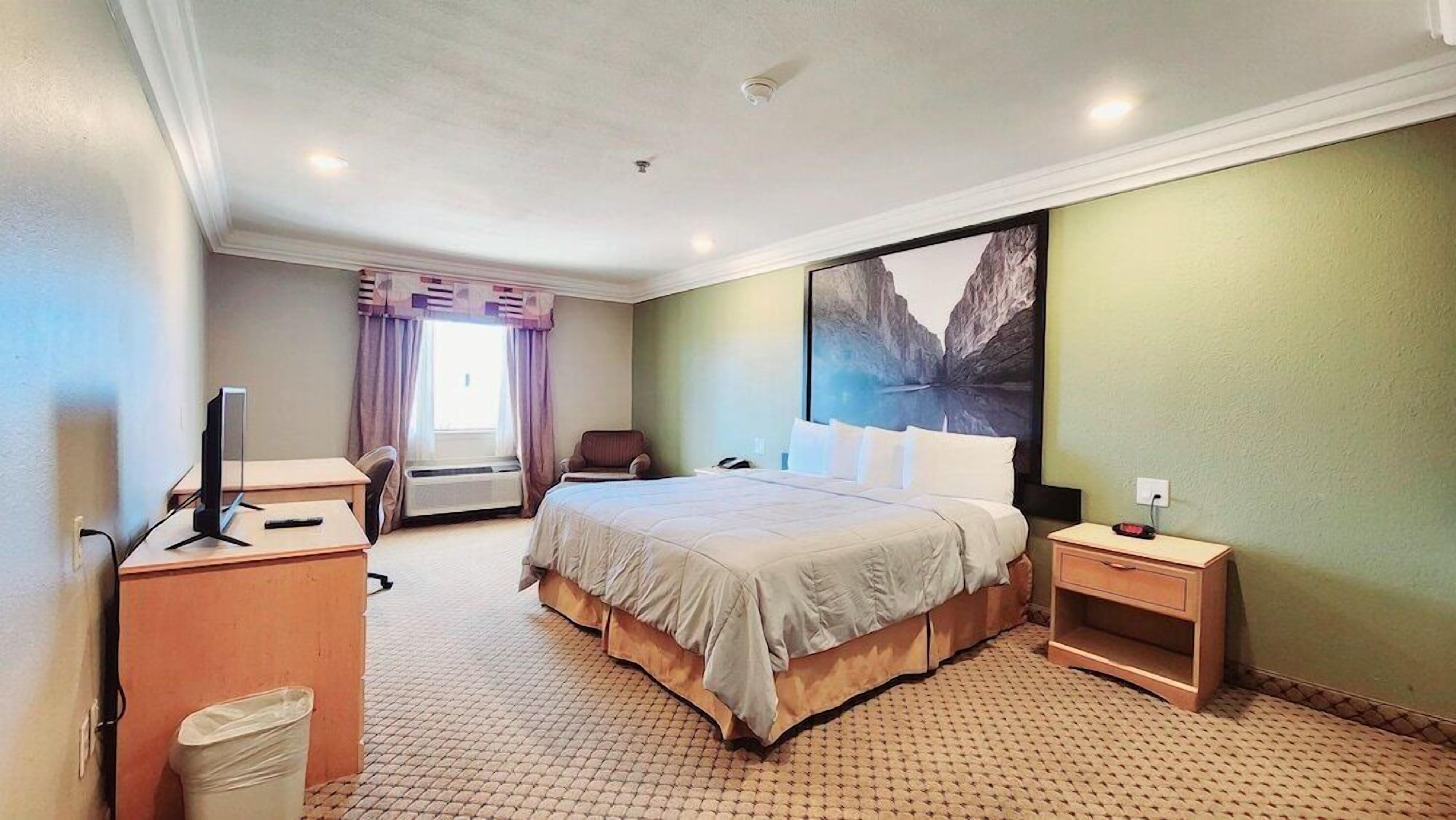 A hotel room with a bed, a desk, a chair, a TV, and a painting on the wall.