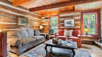 Smart-tv, een open haard, een dvd-speler en boeken