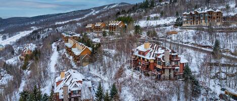 A snow-covered resort with multiple buildings, including a large lodge with balconies and a smaller cabin-style structure.