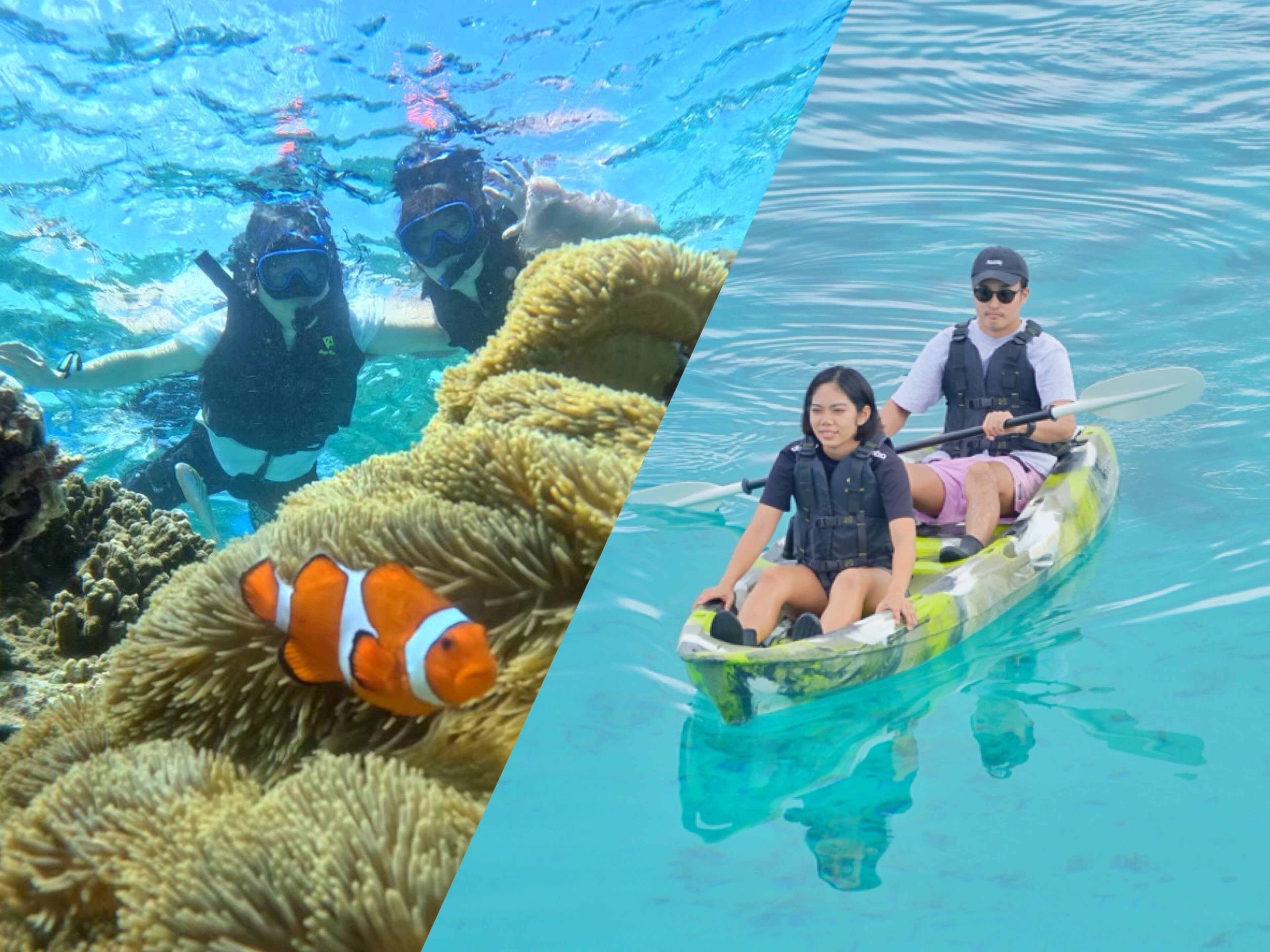 Una persona practica snorkel junto a un buzo y un niño en un kayak.