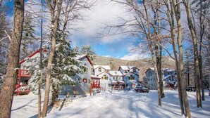 A snow-covered village with traditional houses, a clear sky, and a road leading through the center.