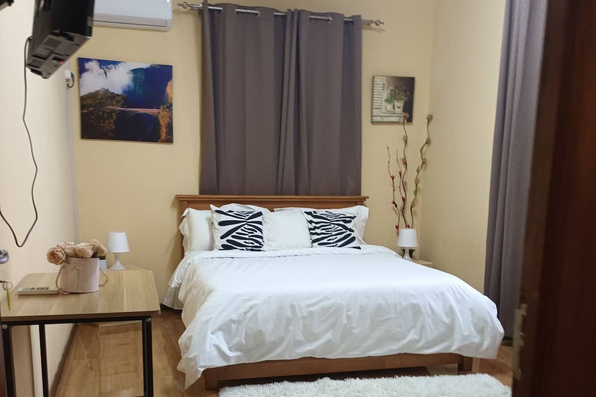 Een slaapkamer met een bed, een bureau, een stoel, een witte vloerkleed, een wandtelevisie, een airconditioner en een schilderij.