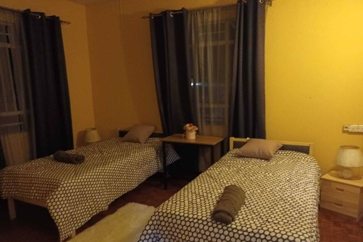 Een kamer met twee bedden, elk voorzien van een bedovertrek met dessin en kussens, een klein tafeltje met een lamp, en een raam met gordijnen.