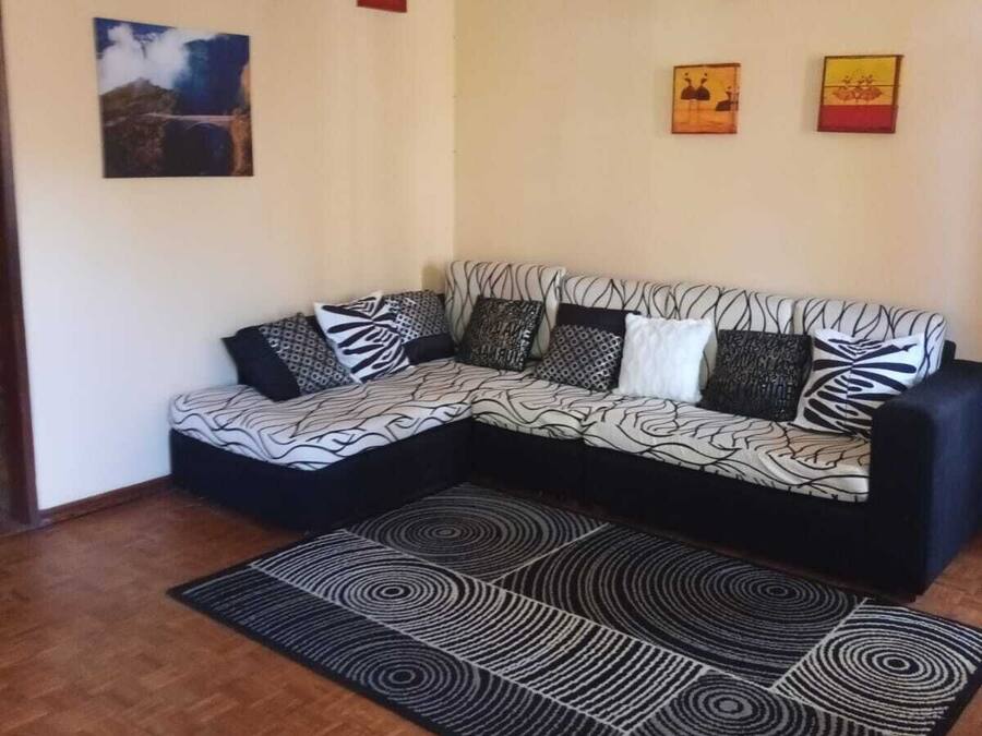 A living room with a sectional sofa, patterned cushions, a black and white rug, and wall art.