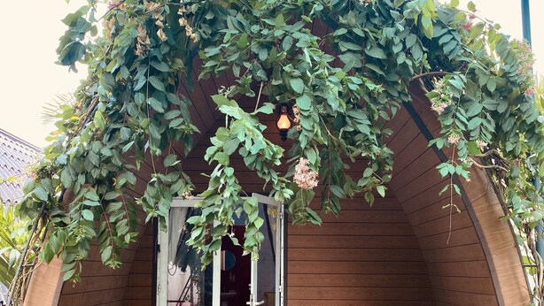 A cozy, wooden-framed structure with a glass door, surrounded by lush greenery and wooden furniture. -  Homestay Tuyet Anh (Tri Ton)