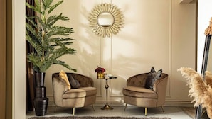 A room with two armchairs, a mirror, a small table with a vase, and a tall plant. - Qult·co - The Aristocrat (București)