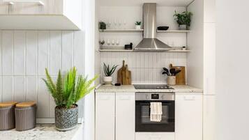 Fridge, oven, stovetop, coffee/tea maker