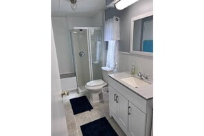 Shower, towels, soap, toilet paper