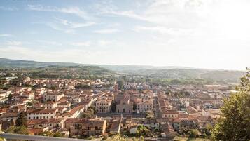 Vista panorámica de un pueblo con una mezcla de edificios históricos y modernos, cielo despejado y un paisaje montañoso distante.