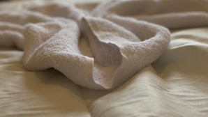 A bed with a white blanket and a window with a view of a pyramid. - Exotic Pyramids hotel  (Giza)