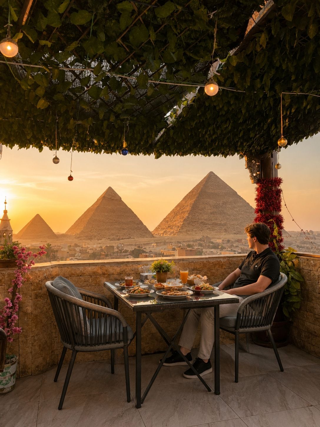 A dining table with chairs, a person seated, and a view of pyramids in the background.