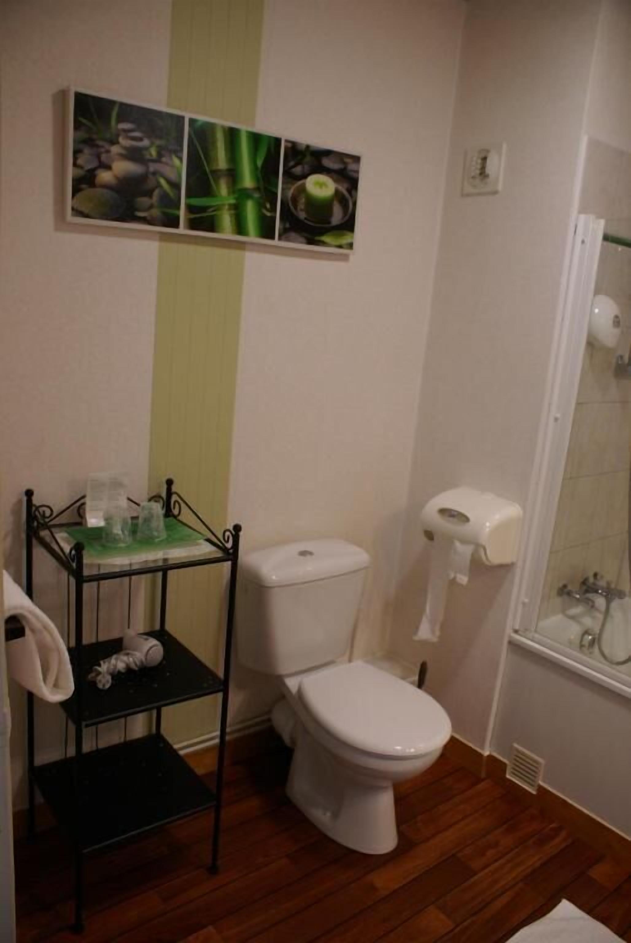 A bathroom with a toilet, a small shelf with toiletries, and a shower area.