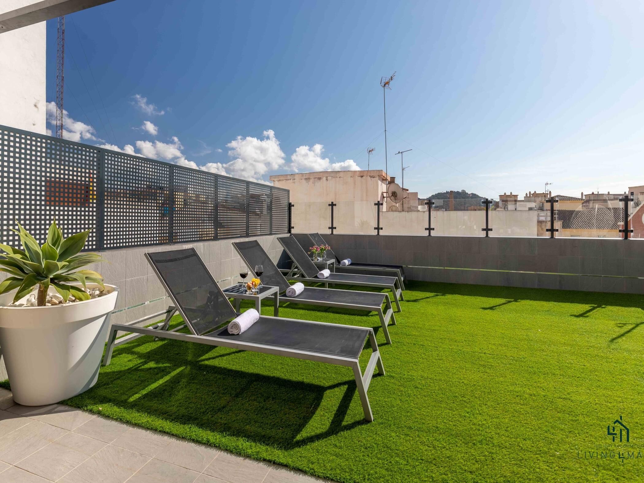 Una terraza en la azotea con cuatro tumbonas, una planta en maceta y una pequeña mesa con un jarrón y copas de vino.