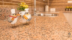 A kitchen with granite countertops, a stainless steel sink, and two decorative bird figurines holding a carrot and a coffee cup.