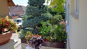 A balcony with potted plants and a view of a residential street. - Holiday apartment with WiFi, air conditioning and whirlpool (Siófok)