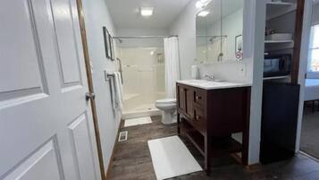 Hair dryer, towels, soap, shampoo
