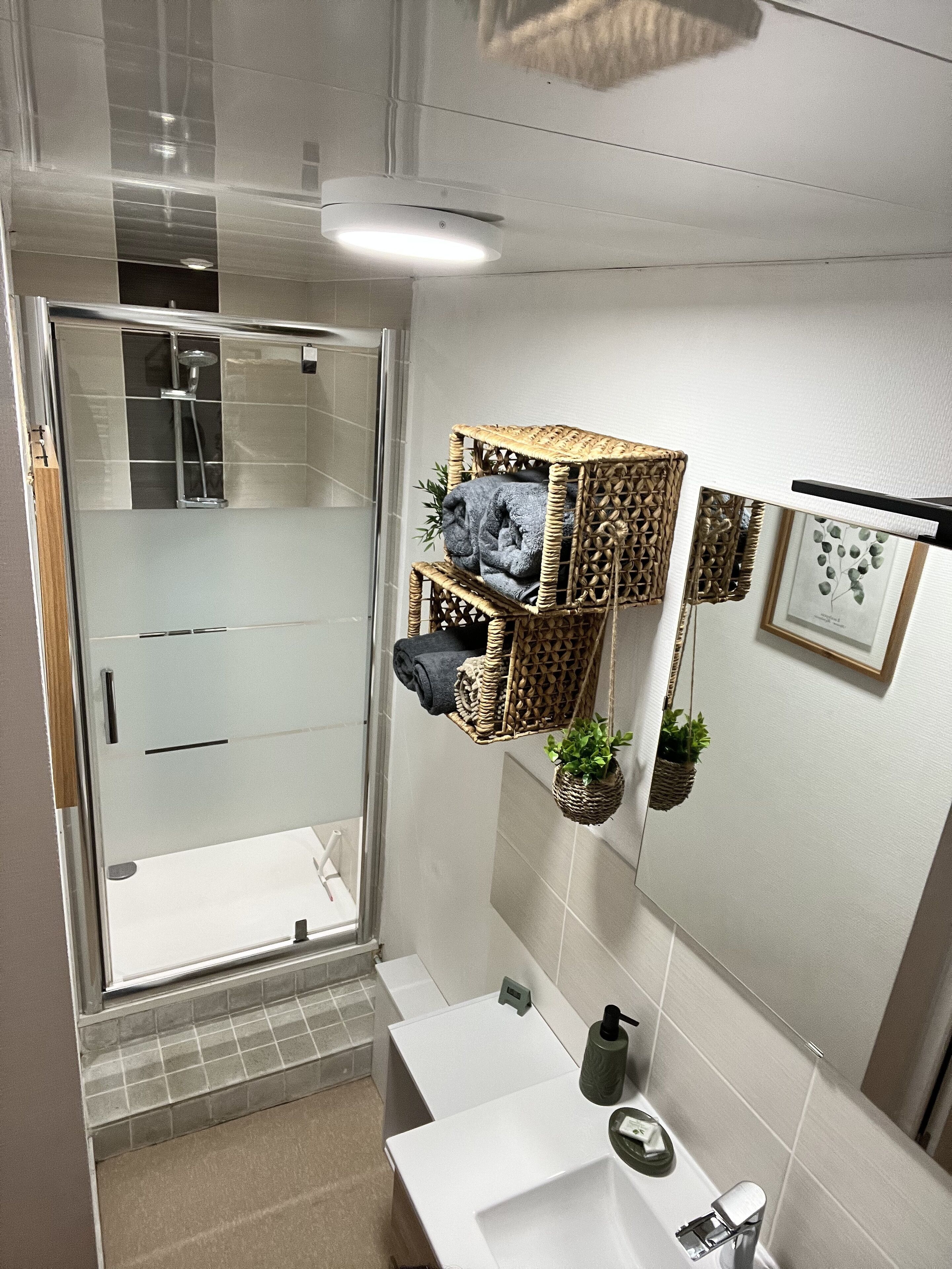 Regadera, secadora de cabello, toallas, jabón 