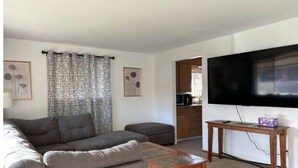 Una sala de estar con un sofá, una mesa de centro, un televisor y una cortina estampada.