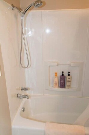 Hair dryer, towels, soap, shampoo
