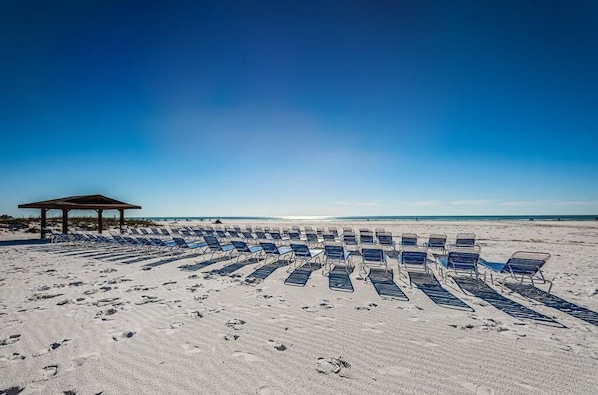 A beach with rows of sun loungers and a pavilion.