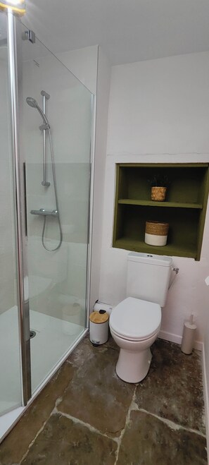 Shower, towels, soap, toilet paper