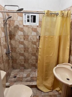 Shower, towels, soap, shampoo