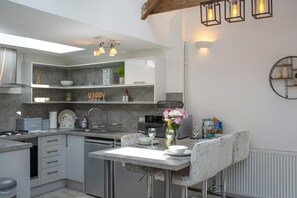 Fridge, microwave, cookware/dishes/utensils - The Dairy, Newport - One Bedroom Cottage, Sleeps 2 (Newport)