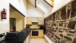 A kitchen with a stone wall, a gas stove, a microwave, and a fire extinguisher. - Toes Rock, Sandy Haven (Sandy Haven)