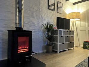 A room with a wood-burning stove, a television on a stand, a potted plant, and a lamp.