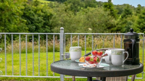Et bord med kaffemaskine, to kopper, en tallerken med cookie og jordbær, samt et glas juice, med udsigt til et naturskønt udendørs miljø med hegn og grøntværk.