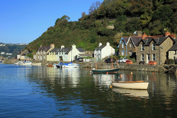 The harbour at Lower Fishguard, cottages on the quay and moored boats