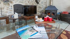 Una sala de estar acogedora con pared de piedra, chimenea, televisor y una mesa de vidrio con revistas.