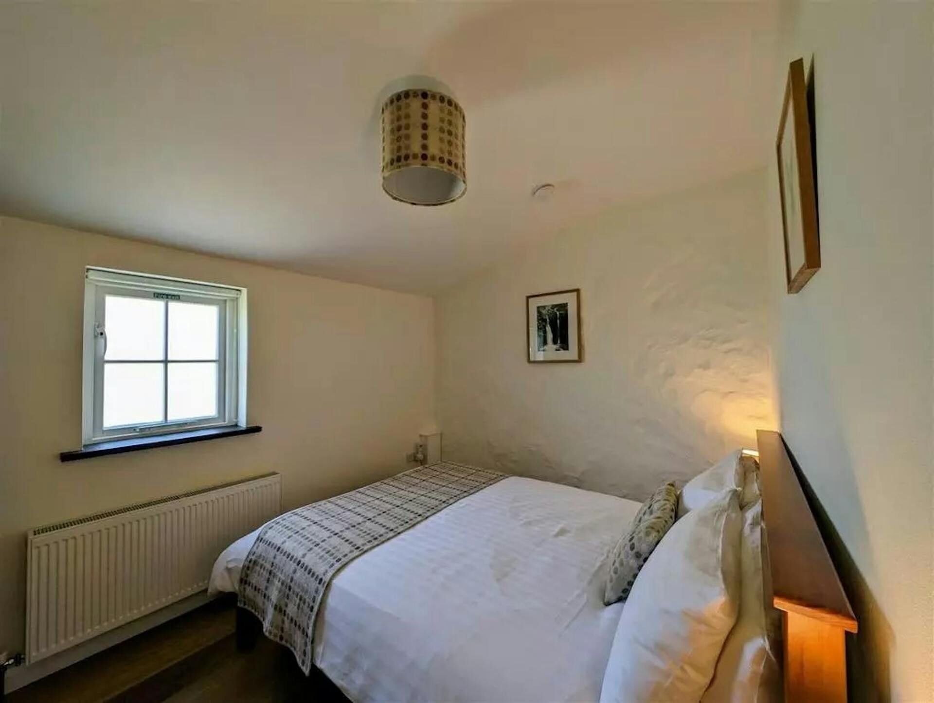 A bedroom with a single bed, a window, a radiator, and a wall-mounted picture.