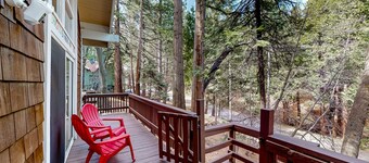 Dog-friendly cabin surrounded by trees and wildlife with fireplace & deck