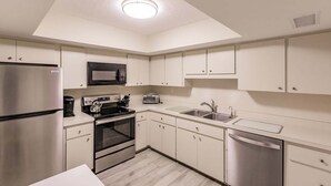 Una cocina compacta con gabinetes blancos, un refrigerador de acero inoxidable, un microondas, una estufa, un lavavajillas y un fregadero.